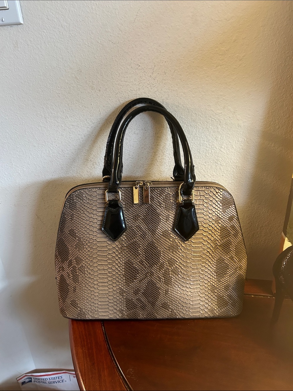 Structured Snake-Embossed Satchel Handbag - Black & Taupe